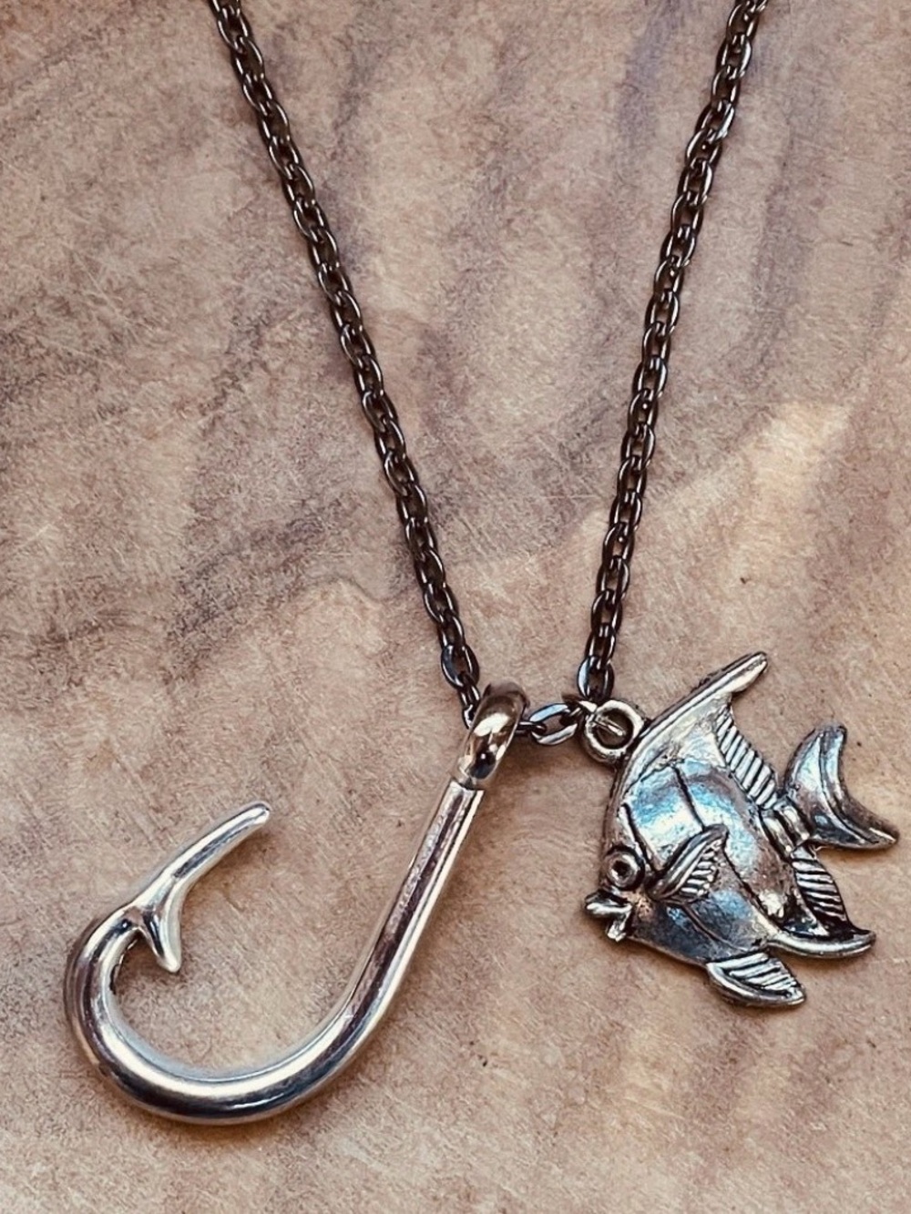 Silver Fish & Hook Pendant Necklace - Coastal Jewelry Surfer Beach Fishing